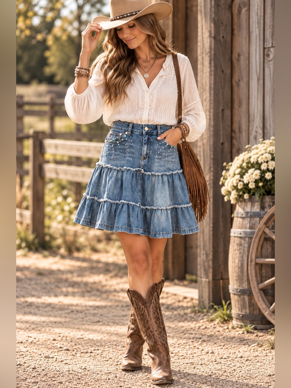 Younique Demin Tiered Ruffled Western Boho Look skirt